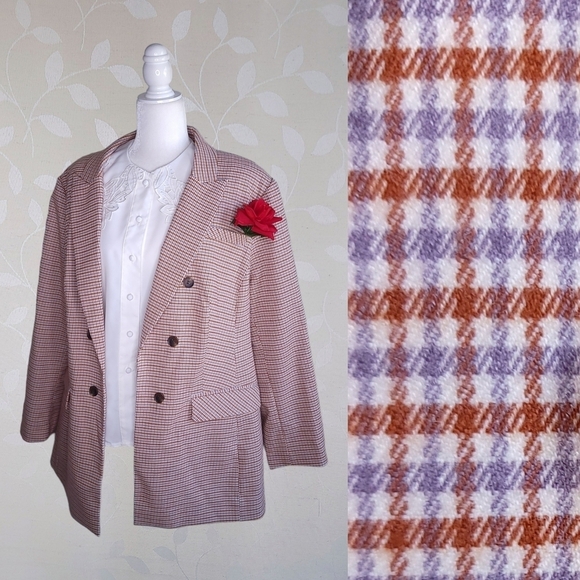 1. State Retro Plaid Check Pattern Open Front Double Breasted Blazer Orange 22W - Picture 1 of 13